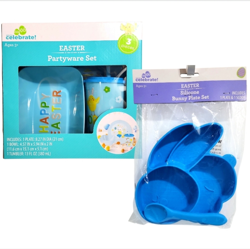 Easter Silicone Bunny 4 Section Plate+Spoon & Partyware Plate Bowl Tumbl…